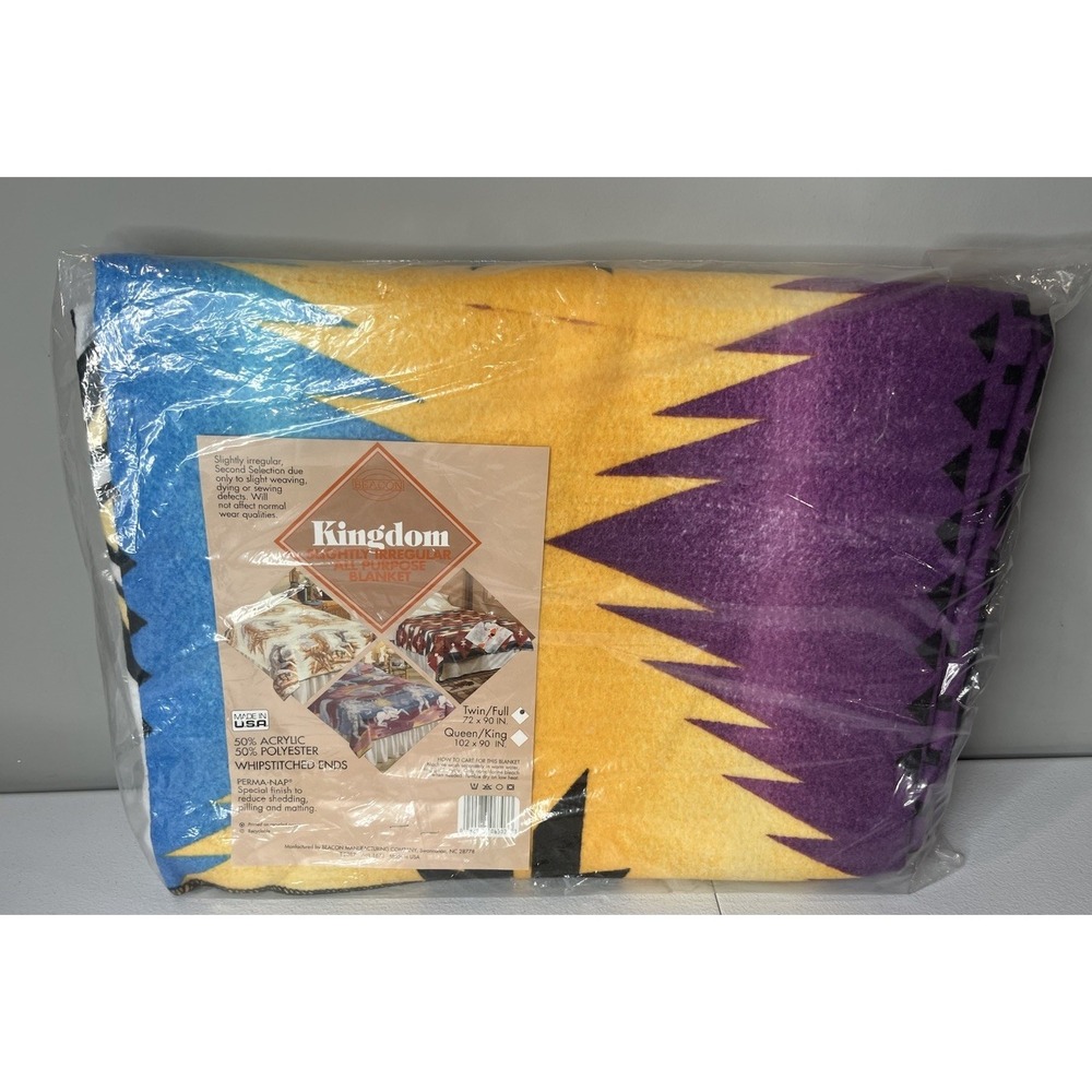 Vtg Beacon Kingdom Blanket Southwestern Style Purple‎ Blue Yellow Made In USA